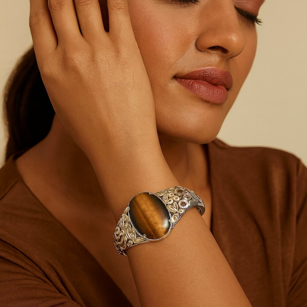 Tigers Eye 33.15‎ ctw Cuff Bracelet in 14K YG and Platinum Over Copper